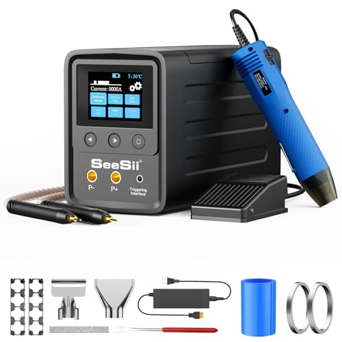 Seesii Spot Welder and Heat Gun Kit: 10080W Power Spot Welding Machine with 3000F Capacitors & 999 Gear for 0.1-0.5mm Nickel Plated Strips, 350W 2-Temp Settings Mini Heat Gun for Battery Packs