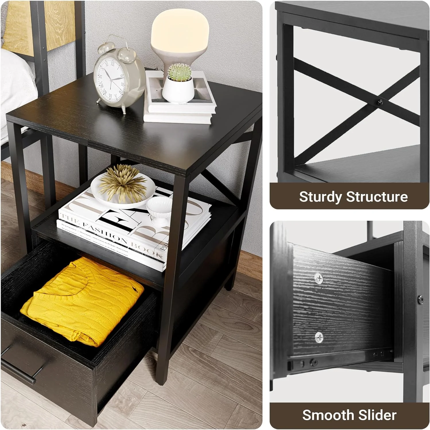 Black End Tables With Drawer, Black Side Tables Living Room, Nightstand Bedside Tables, End Table