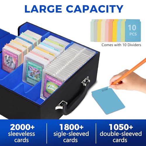 Ytonet Trading Card Storage Box for Top Loader, 1800+ MTG Deck Box with Handle, Toploader Storage Boxes Holder Fits for Magnetic Game Card, YuGiOh and Sports Cards, MTG TCG Collector Gift, Black Blue
