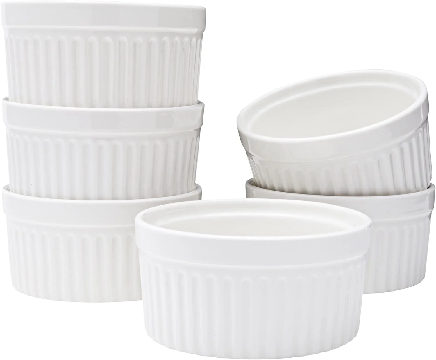 White Ramekin, Set Of 6 Fine Porcelain Ramekins, Stackable 4 Inch Bowls, 7 Ounce Dips Dish, Dishwasher Safe