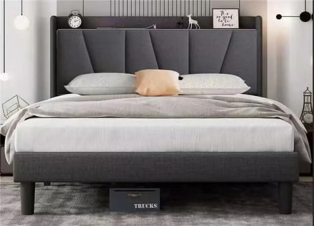 Spirastell Fabric bed,With Type-c Usb Bed Frame Soft Bed With Bed Wooden Slat No Box Needed Cometx Queen Bed And Usb Thickened Usb Type-c Bed With Station Modern Support Type-c And Queen Size With