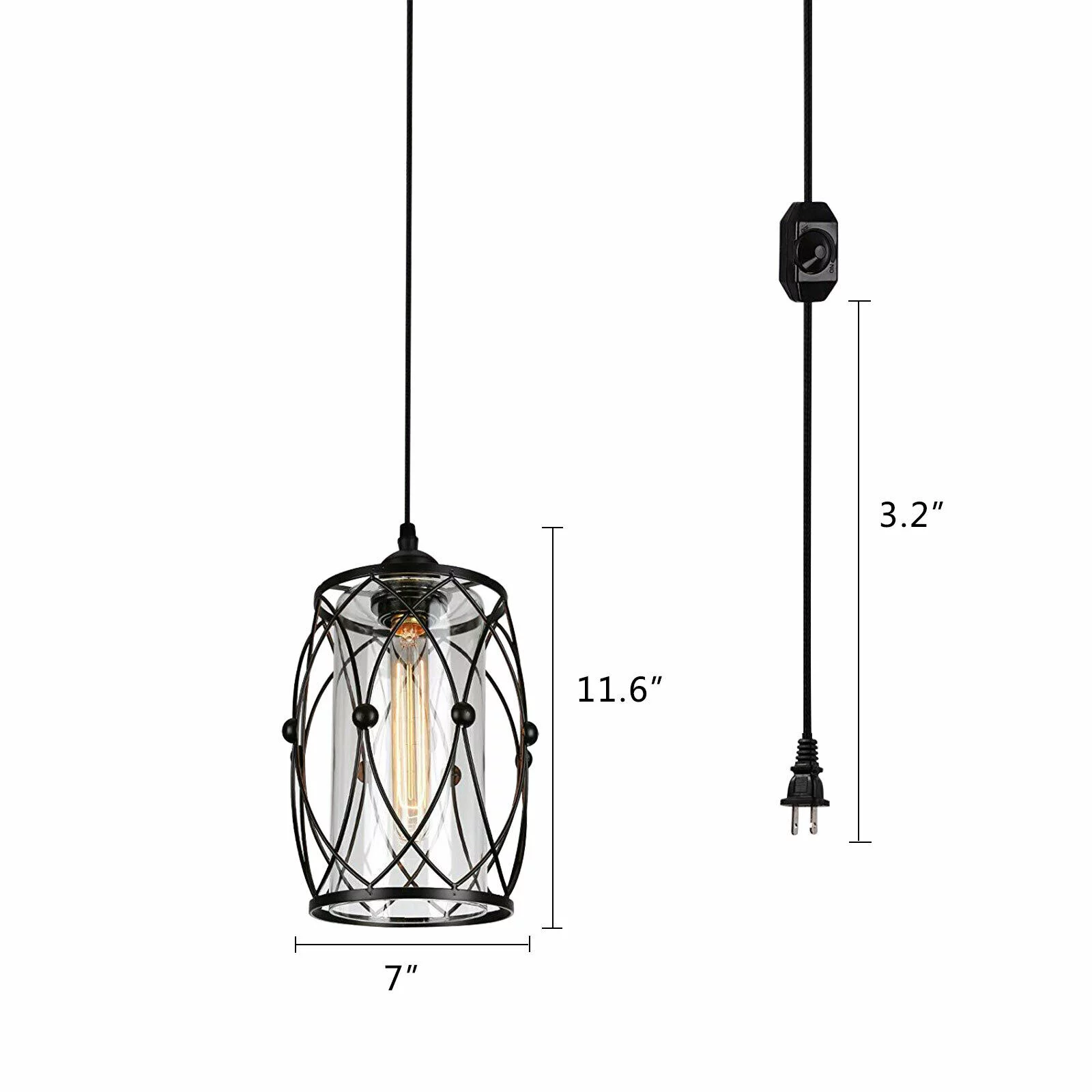 Vintage Industrial Pendant Light with Plug in Hanging Cord and Dimmer Switch, Farmhouse Cage Hanging Chandelier Swag Ceiling Lighting Fixture for Kitchen Island Dining Table Bedroom Entryway Hallway
