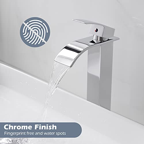 BWE Vessel Sink Faucet Modern Waterfall Chrome Single Hole Bathroom Faucet Single Handle with Pop up Drain Without Overflow Assembly Vanity Basin Bath Sink Faucets Mixer Tap