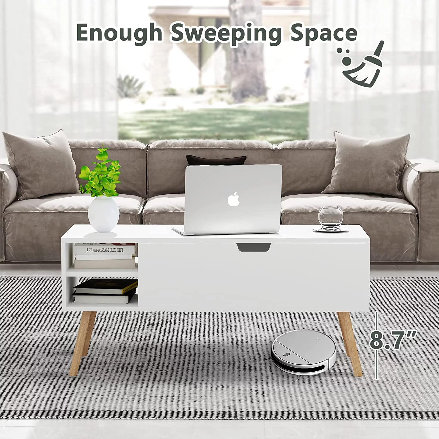 Well Modern White Lift Top Coffee Table with Hidden Compartment and Adjustable Storage Shelf  Mid Century Rustic Dining Table with Wood Legs for Home  Living Room  Office