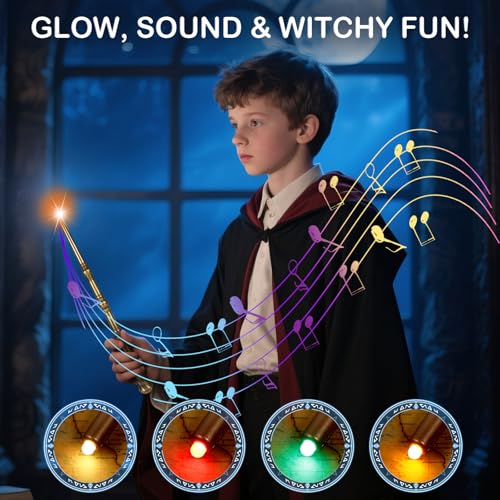Light Up Magic Wizard Wand with Sounds & 4 Lightings Illuminating Witch Sorcerer Toys for Kids Cosplay Party Favors, 2 Pack, Black & Brown