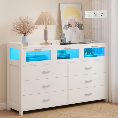 Black Dresser for Bedroom with 9 Drawers, Chests of Drawers with LED Lights and Charging Station, Modern Dresser with 3 Visual Drawers, Wood Wide LED Dresser for Bedroom, Closet, Entryway