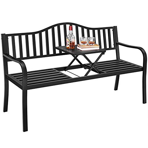 Yaheetech Outdoor Garden Bench w/Pullout Middle Table, Metal Patio Bench, Front Porch for Backyard, Weather-Resistant Frame, Patio Seating for 2-3 Person, Black