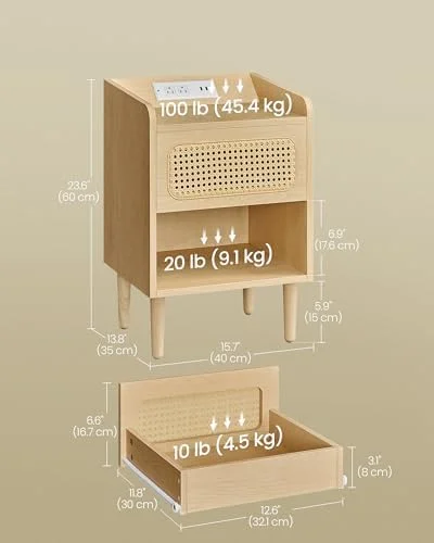 RUNFAYBIU BOHOVEN Collection - Nightstands with Charging Station    Bedside Tables with Motion Sensor Lights  Rattan-Like Side End Tables  Solid Wood Legs  for Bedroom   Style  Ebony Blac