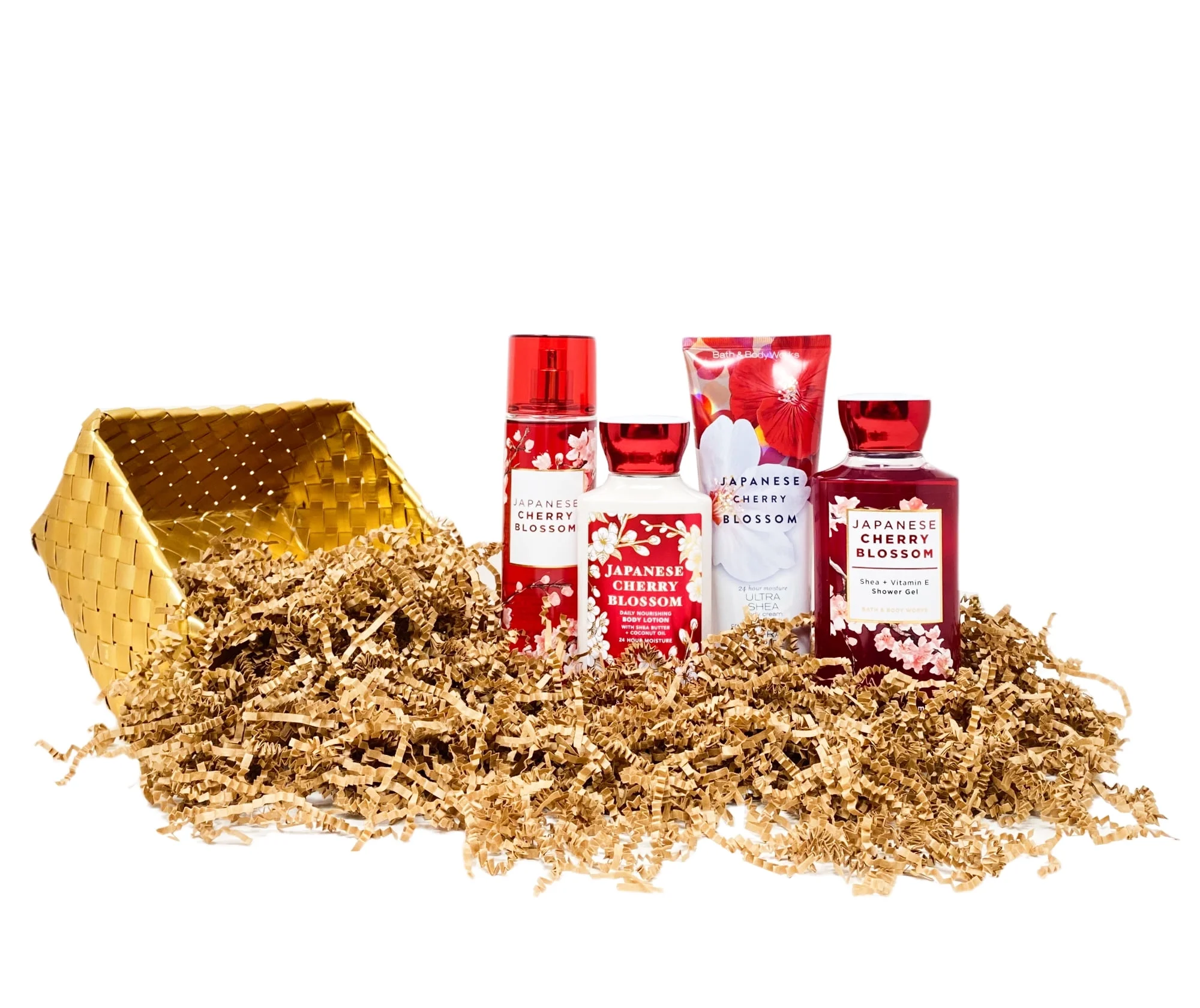 Bath and Body Works Japanese Cherry Blossom Gold Woven Basket 4 Piece Gift Set - Fragrance Mist - Body Cream - Shower Gel - Body Lotion - Full Size