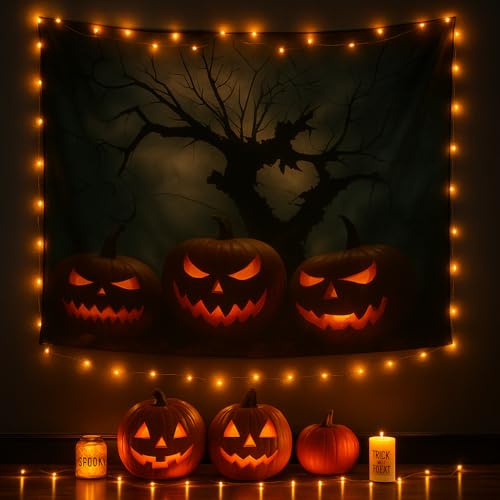 Halloween Pumpkin Tapestry – Creepy Haunted Tree Wall Hanging, Spooky Horror Backdrop for Party, Dorm, Bedroom, or Living Room Décor (60
