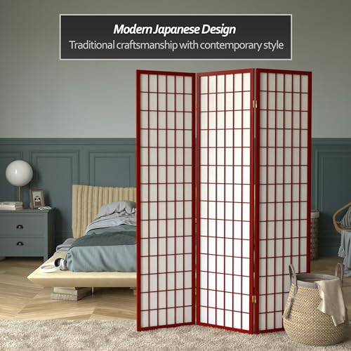 Red Lantern 6 ft. Tall Window Pane Shoji Screen-Natural-4 Panels Room Divider