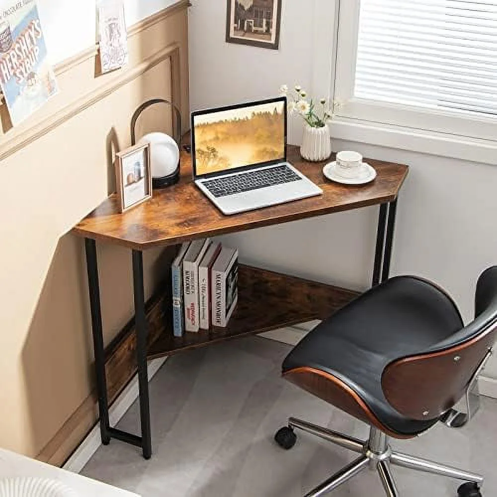 TJUNBOLIFE Corner Desk with Power Outlet  Triangle Computer Desk for Small Space  Space-Saving Writing Desk with   and Charging Station  Modern Laptop PC Desk for Home Office (Rustic Brow