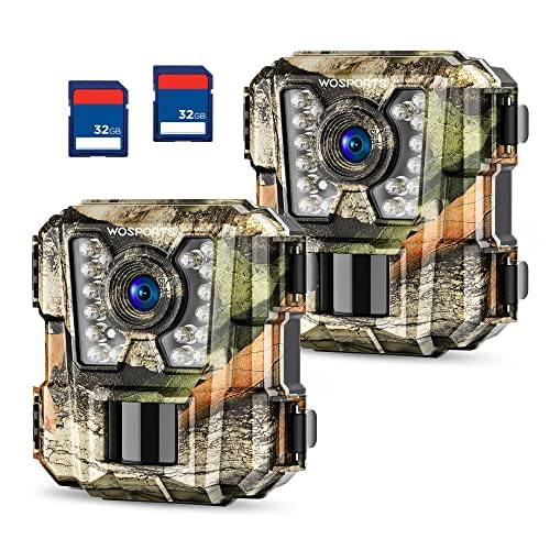 WOSPORTS Mini Trail Camera 2 Pack 24MP 1080P HD, Game Hunting Camera with 32GB SD Cards, Waterproof Night Vision Tiny Scouting Camera for Outdoor Wildlife Monitoring