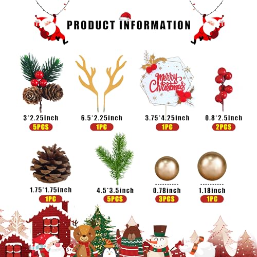 Christmas Cake Topper Deer Elk Cake Decorations with Pine Tree Pine Cones Golden Ball for Xmas Winter Holiday Christmas Theme Supplies (Style 1)