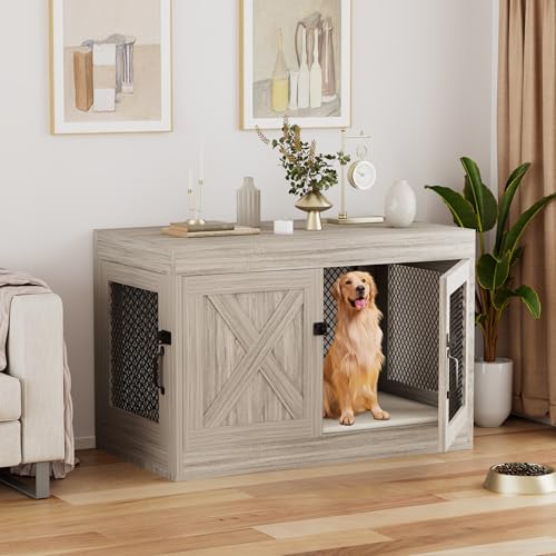 Xilingol Corner Dog Crate Furniture with Double Doors, 36 Inch Wooden Dog Kennel End Table Indoor with Mesh, Cage/House for Small Medium Large Dog, Decorative Pet Crate Indoor Use, Grey