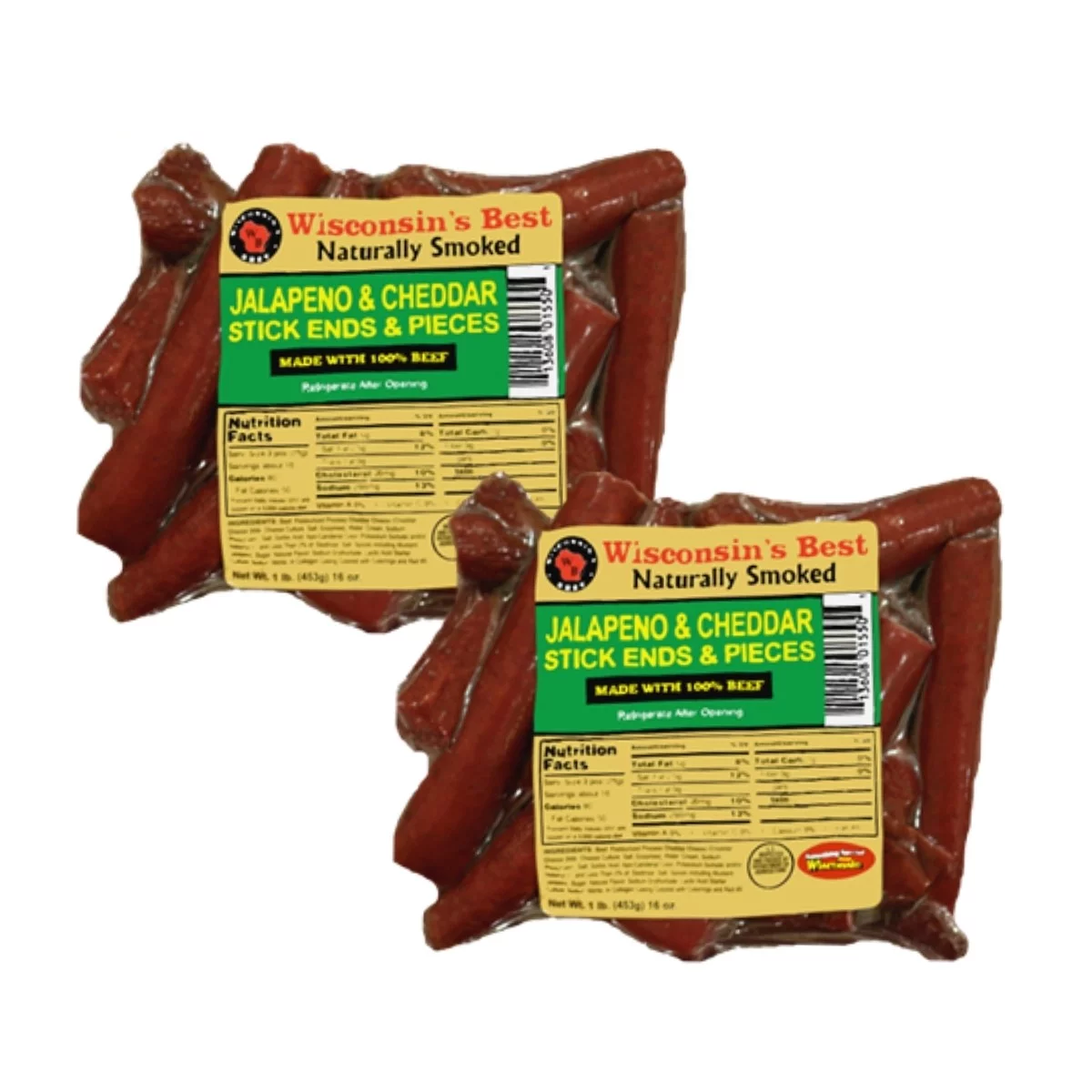 WISCONSIN'S BEST - 100% Beef Meat Snacks -JALAPENO CHEDDAR CHEESE Ends and Pieces Snack Stick Pack. 100% Wisconsin Cheddar Cheese, High Protein, Low Carb, Keto Friendly, 2 lbs. (2-16 oz. Packages)