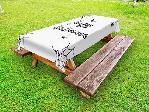 Ambesonne Halloween Outdoor Tablecloth, Happy Spooky Season Celebration Monochrome Hand Drawn Style Creepy Cartoon Art, Decorative Washable Picnic Table Cloth, 58