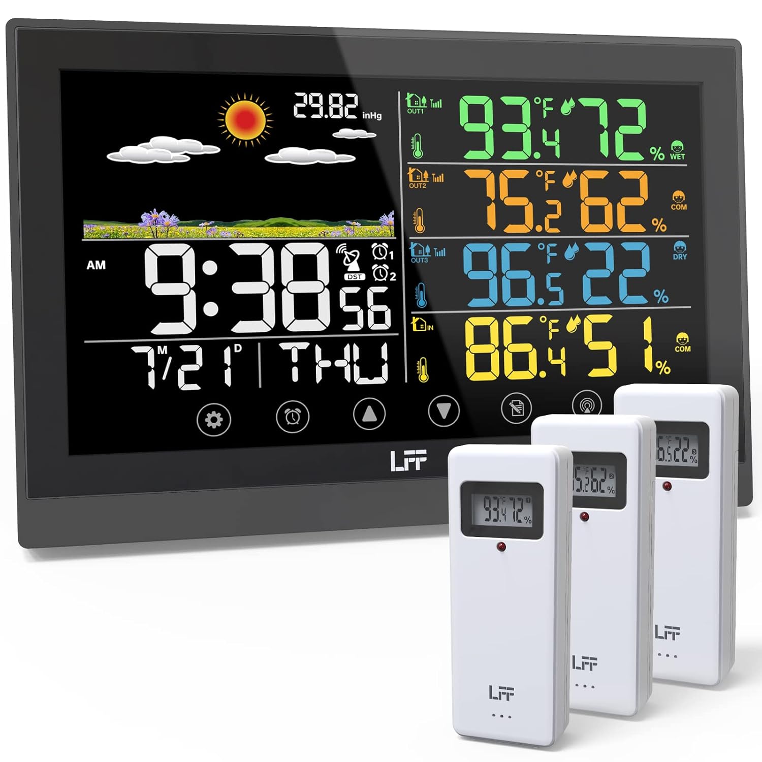 Weather Station, Indoor Outdoor Weather Station Wireless with Multiple Sensors, Color Display Digital Atomic Clock Indoor Outdoor Thermometer Wireless, Forecast Station with Adjustable Backlight