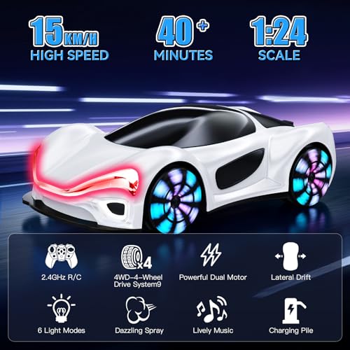 Remote Control Car,RC Drift Car Boys Toys for 4 5 6 7 8 9 10 11 12 Year Old 2.4GHz 360° Rotate RC Cars with Cool Lights, Music & Spray Effects Cool Birthday Presents Gifts for Kids & Boys 4-12