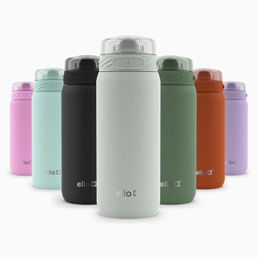 Ello Cooper 32oz Stainless Steel Water Bottle with Straw and Carry Handle, Double Walled and Vacuum Insulated Metal, Leak Proof Locking Lid with Soft Silicone Spout, Reusable, BPA Free, Yucca