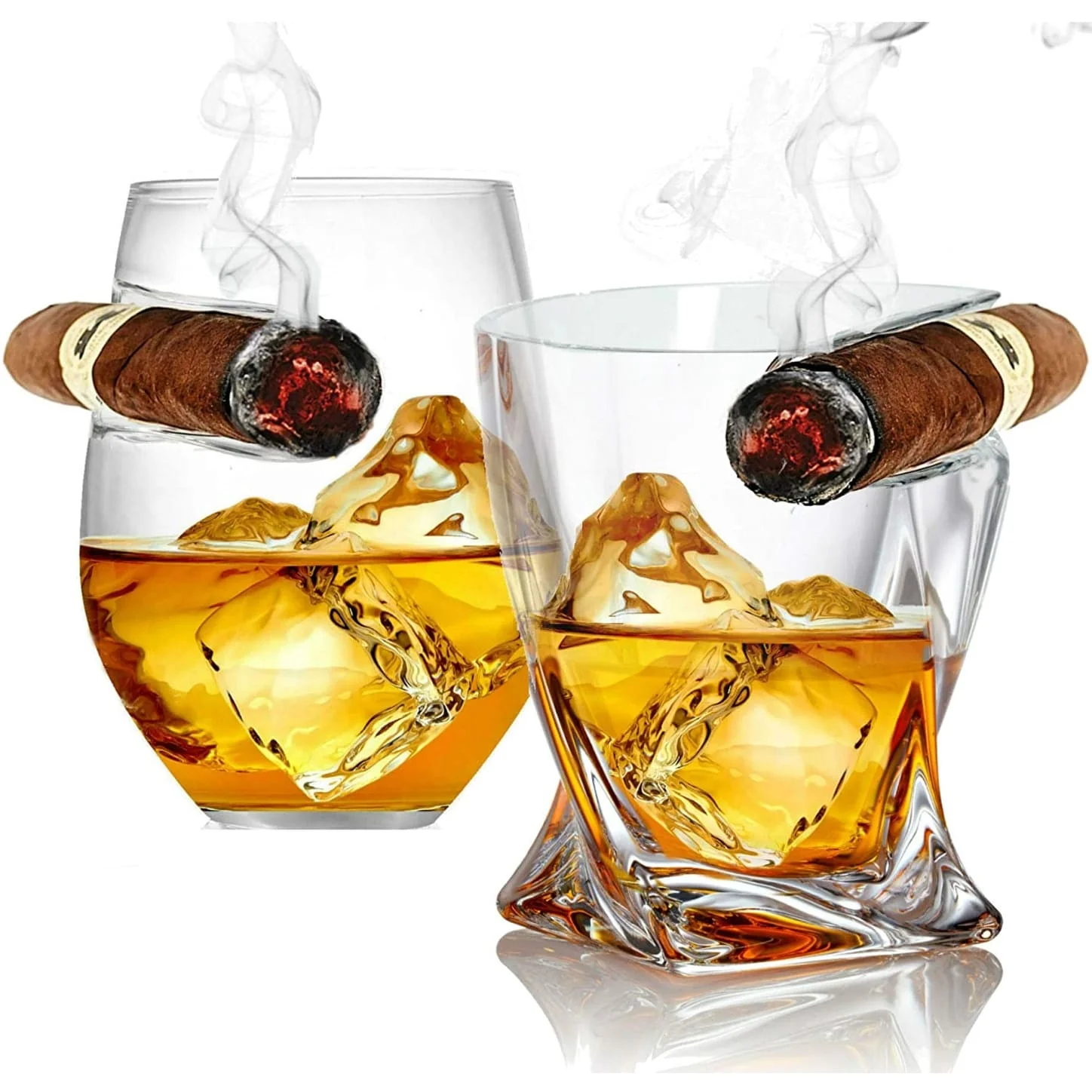 Bezrat Double Old Fashioned Whiskey Glasses with Side Mounted Holder Rest (2pk Twist & Round) - set of 2