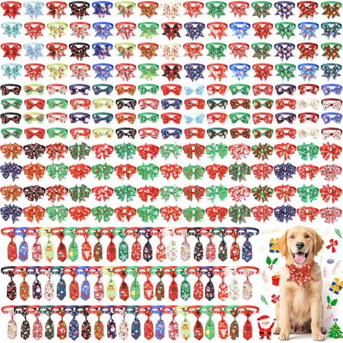 Aliceset 240 Pcs Christmas Dog Bow Ties Collars Bulk Adjustable Xmas Collars Bowtie Neckties Set Santa Claus Leaves Pet Neck Ties for Dog Cat Festive Costume Grooming Accessories