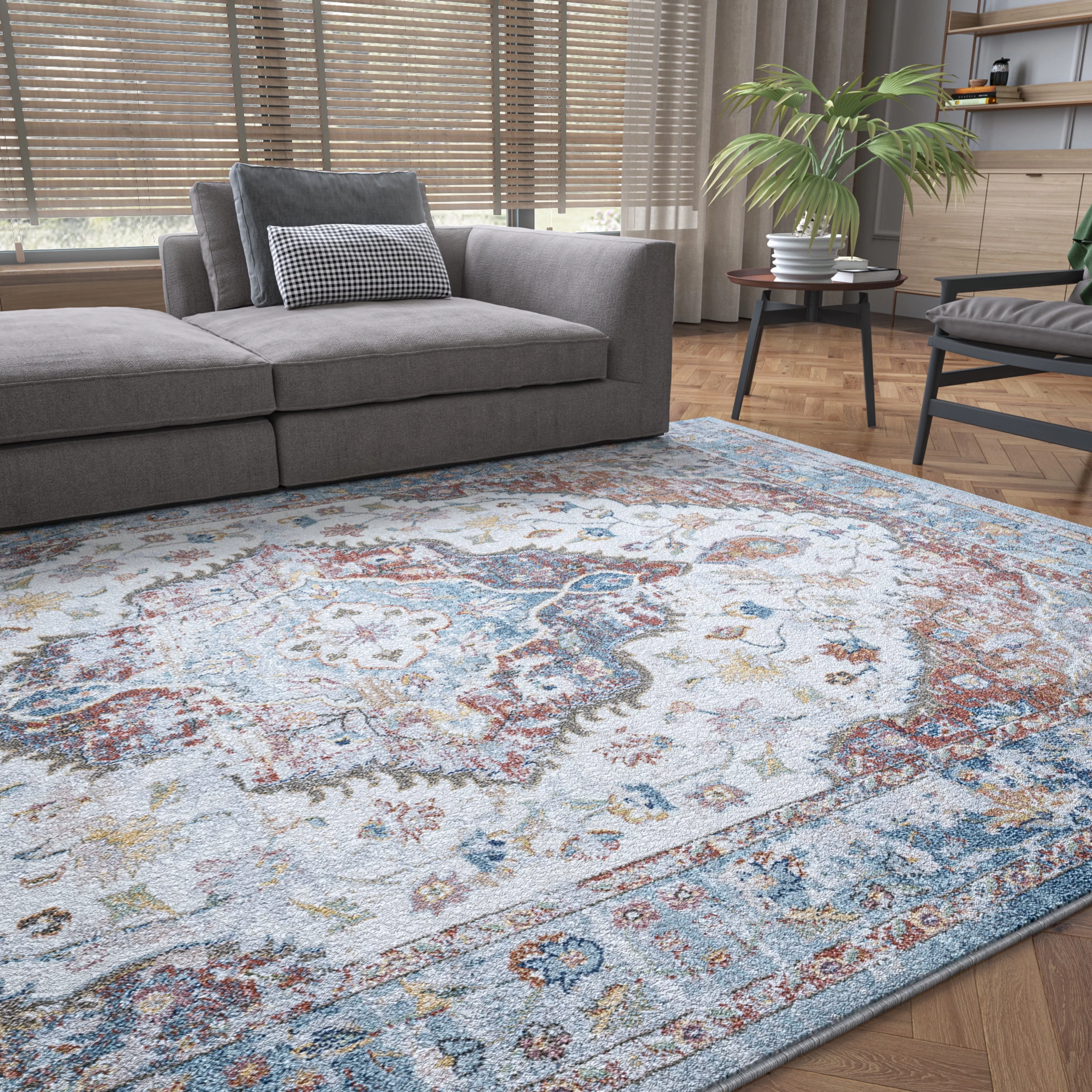Traditional 5x7 Area Rug (5'3'' x 7'3'') Oriental Navy, Cream Living Room Easy to Clean