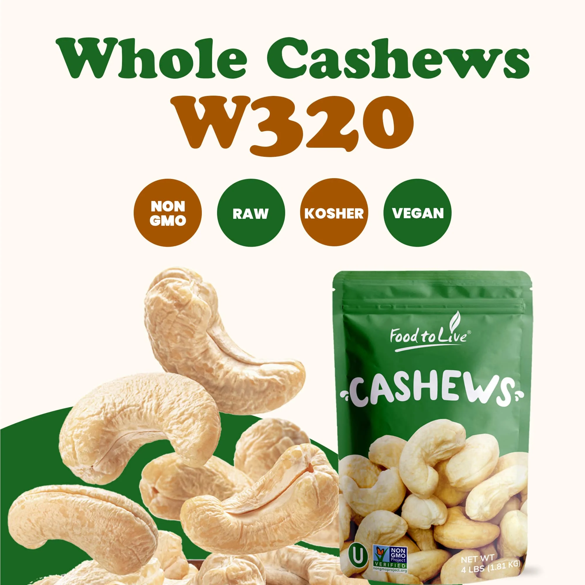Food to Live, Whole Cashews W320, Non-GMO Verified, 8 Pounds, Raw