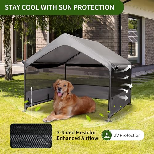 Summertrail Extra Large Dog House Outside, Dog Tent Outdoor, Big Dog Shade Shelter Doghouse Canopy with Three-Sided Breathable Mesh Windows, Gray Sun Rain Cover for Pet Cat Livestock 4'x 4'x 3.3'