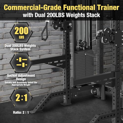 Commercial Functional Trainer Cable Machine with Dual Weight Stacks, Power Cage Squat Rack, Dual Cable Crossover Machine with Pulley System