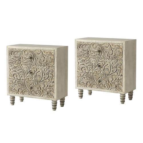 LONYKE 3 Drawer Farmhouse Dresser with Embossed Weathered Flower Motif, Vintage Nightstand for Bedroom, Fully-Assembled, Boho, Weathered White, 25''W*11.81''D*27.36''H