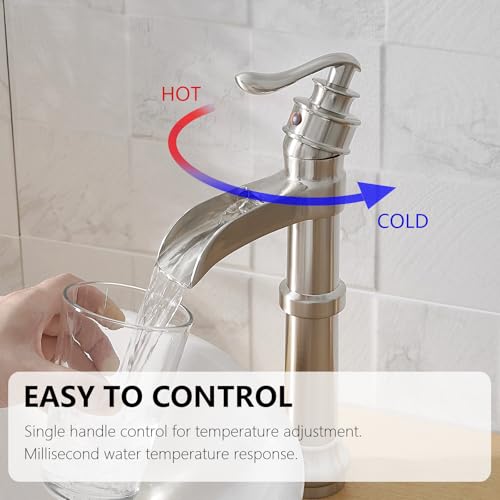 Vessel Sink Faucet, Oil Rubbed Bronze Black Bathroom Faucet, Farmhouse Waterfall Sink Faucet Single Hole with Pop Up Drain Assembly Without Overflow One Hole Mixer Tap Deck Mount