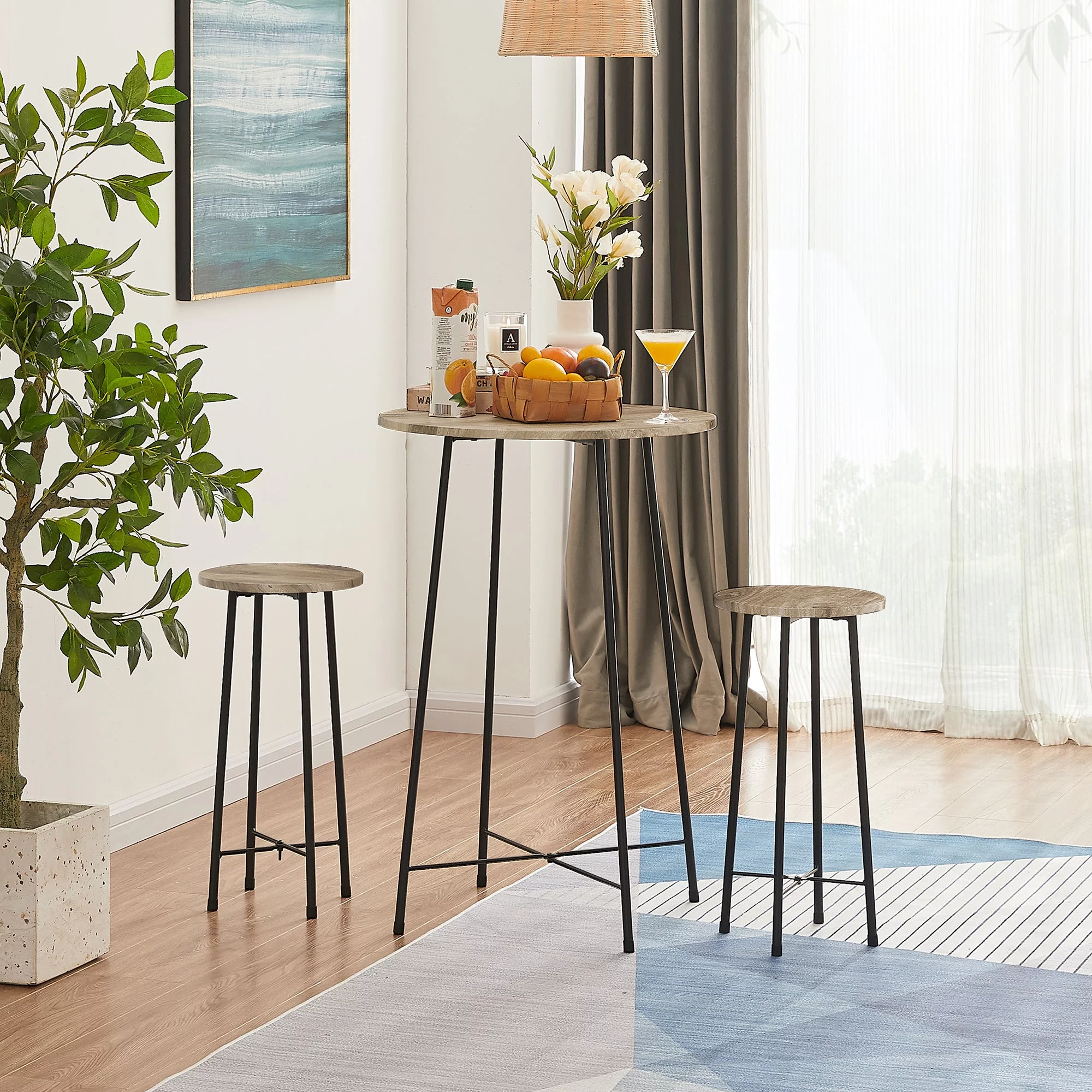 VECELO 3-Piece Bar Table Set with 2 Stools, Space Saving Round Pub Table Set for Breakfast Nook, Bistro, Dining Room, Kitchen, Maple Color