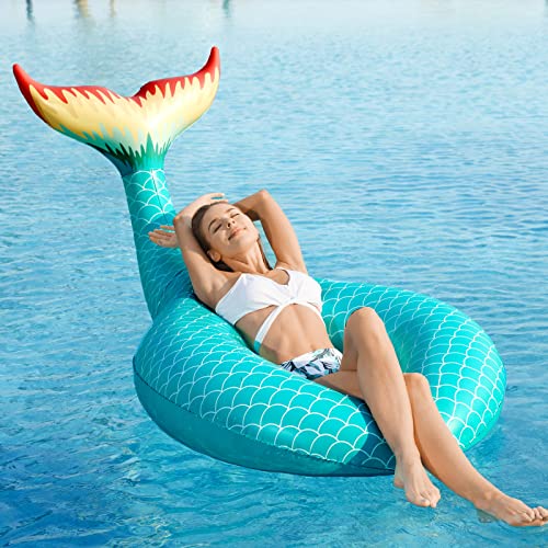 Jasonwell Giant Inflatable Mermaid Tail Pool Float with Fast Valves Pool Floaties Tube Summer Beach Swimming Pool Party Lounge Raft Water Floaty Decorations Toys for Adults Kids Green L