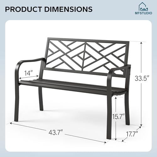 MFSTUDIO 43.7 Inches Outdoor Garden Bench, Cast Iron Metal Frame Patio Park Outside Benches with Geometric Pattern Backrest for Front Porch, Black