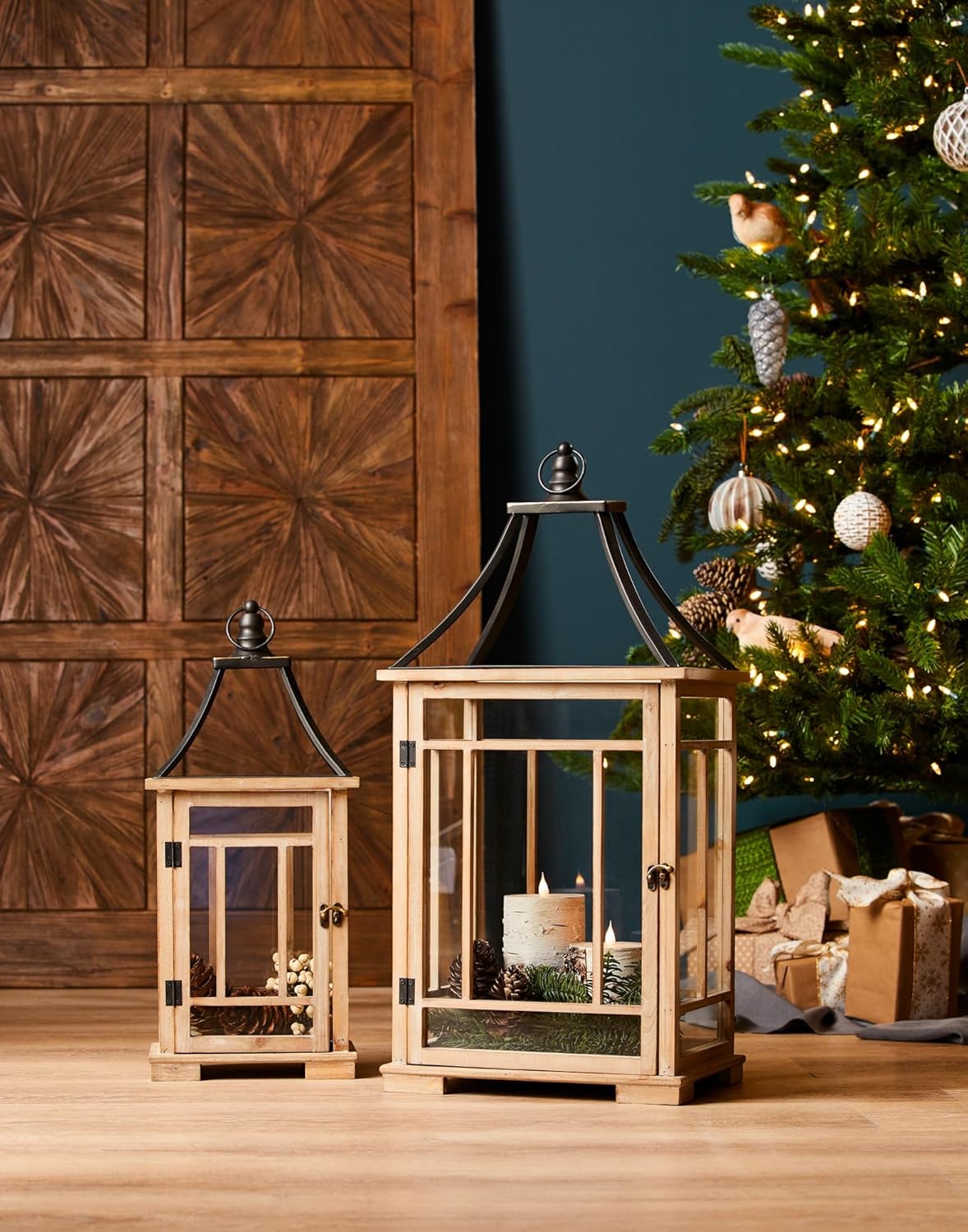 Melrose Lantern, 23 and 31 inches Height, Set of 2 , Wood and Metal, Decorative Rustic Wooden Candle Lantern