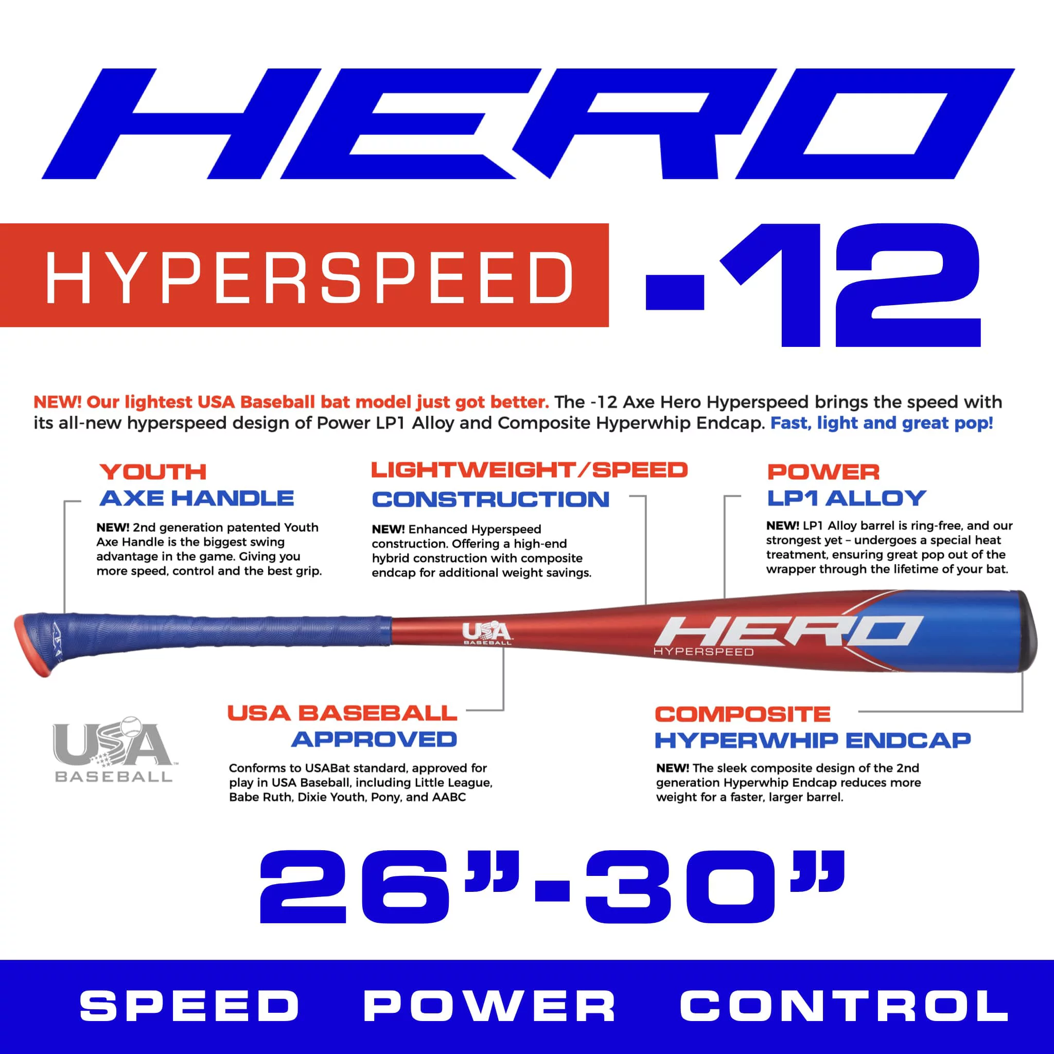 Axe Hero Hyperspeed -12 USA Baseball Bat: L198K 30