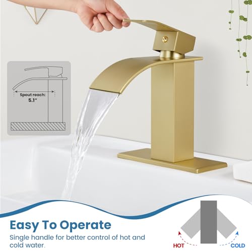 Airuida Brushed Gold Tall Waterfall Bathroom Vessel Sink Faucet Modern Bathroom Vanity Faucet Single Handle Single Hole Farmhouse Bar Mixer Tap Washbasin Faucet Deck Mount
