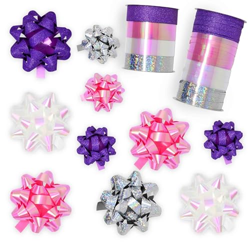 32 Pcs Gift Bows Assortment Set 30 Multi Colored Assorted Size Gift Bows Purple Pink White Silver & 8 Curling Ribbon Rolls for Christmas Holiday Party