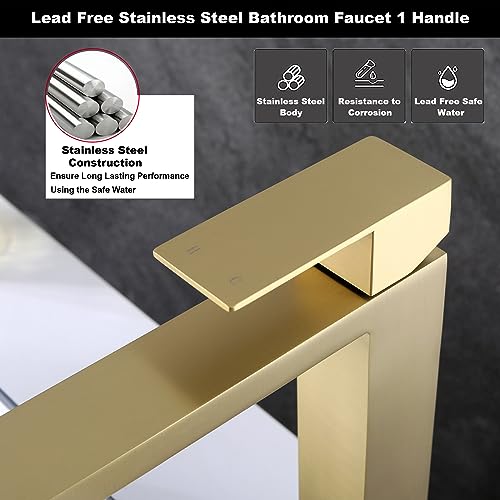 Brushed Gold Vessel Sink Faucet - Tall Single Hole Bathroom Faucet with Pop Up Drain, AML-11411-BG