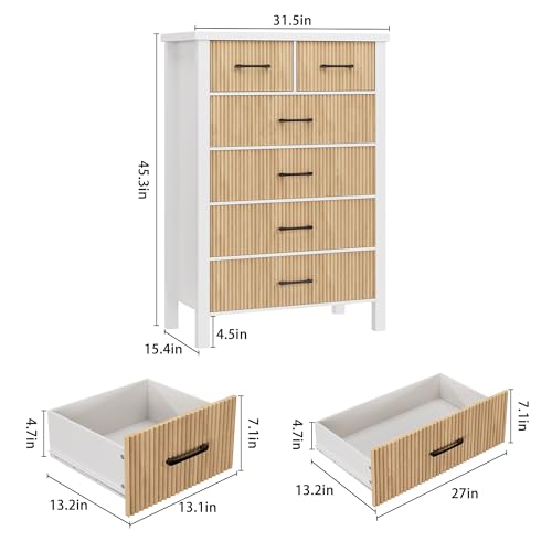 White Dresser 6 Drawer Dresser for Bedroom, Modern Fluted Dresser with Solid Wood Legs, Tall Double Wooden Dresser Large Chest of Drawers for Living Room, Entryway, Hallway (White Fluted)