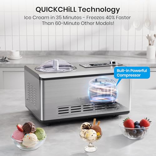 Ice Cream Maker with Upgraded Compressor, [40% Faster Freezing], No Pre-Freezing Needed, LED Display, 2.1 Qt Capacity, Easy Operation for Ice Cream & Yogurt, Stainless Steel