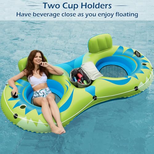 Jasonwell Inflatable River Tube Float - 2 Person Heavy Duty River Float Pool Floats with Removable Cooler Lake Water Tubes for Floating River Raft Lounge Floatie with 2 Cup Holders for Adults (Cyan)