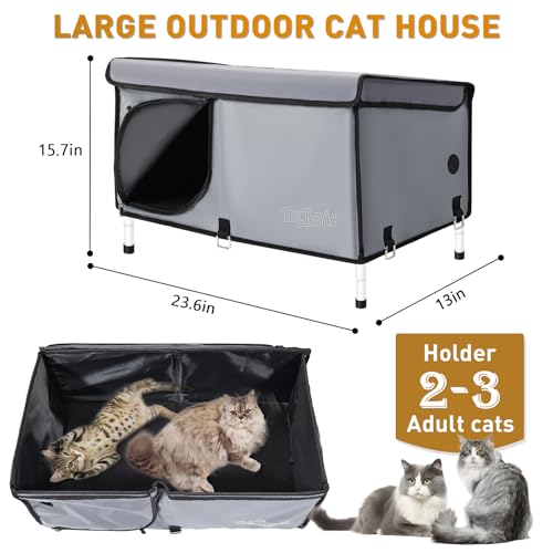 Outdoor Cat House Elevated,Insulated Feral Cat House Outdoor for Winter,Waterproof Cat Bed with Cozy Cushion(Grey, Large)