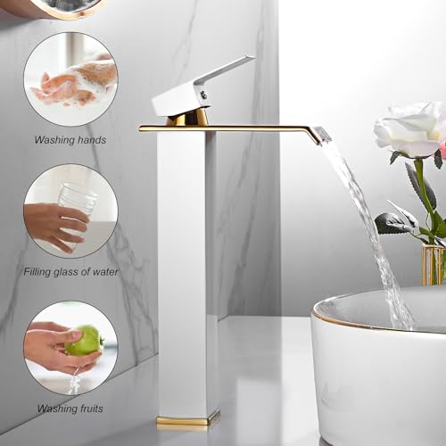 White Gold Faucet Bathroom Vessel Sink Golden Waterfall Spout Faucet Single Handle Bowl Sink Faucet Modern Single Hole Basin Vanity Tall Bathroom Sink Faucet with Pop Up Drain Stopper Supply Hose