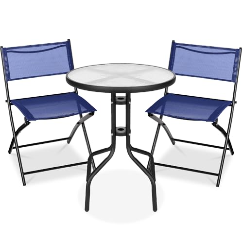 Best Choice Products 3-Piece Patio Bistro Dining Furniture Set w/Glass Tabletop, 2 Folding Chairs, Steel Frame, Polyester Fabric - Gray