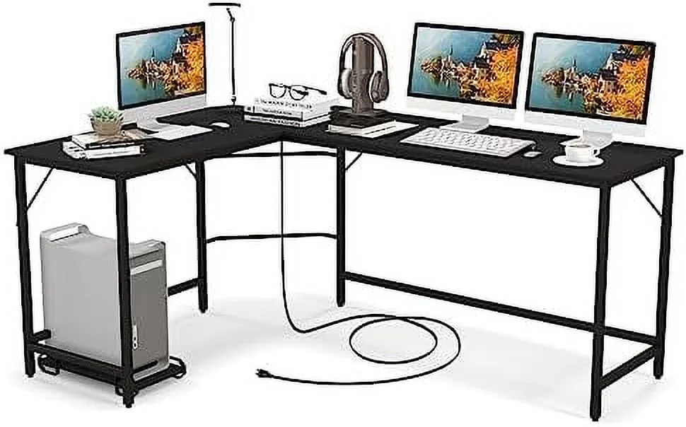 HJNIUNIU L-Shaped Office Desk with CPU Stand  L Shaped Corner Desk with Power Outlets  USB Ports  Sturdy Metal Frame  Space-Saving Computer Desk for Home  Office  Gaming Desk  Computer Wo