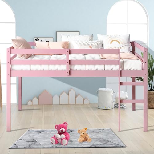 Low Loft Bed Twin Size, Kids Solid Wood Modern Loft Bed Frame with Ladder and Safety Guardrail for Girls Boys, Noise-Free,Non-Toxic Finishes, Space-Saving,No Box Spring Needed (White, Twin)