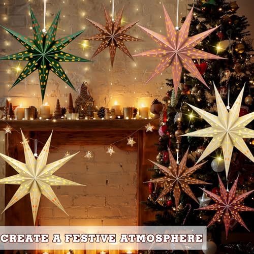 5-Piece 3D Paper Lantern - 24 inch Hollow Star Lamps - Xmas, Wedding, Birthday Multicolor Pack (9 Pointed Stars, Light Khaki)
