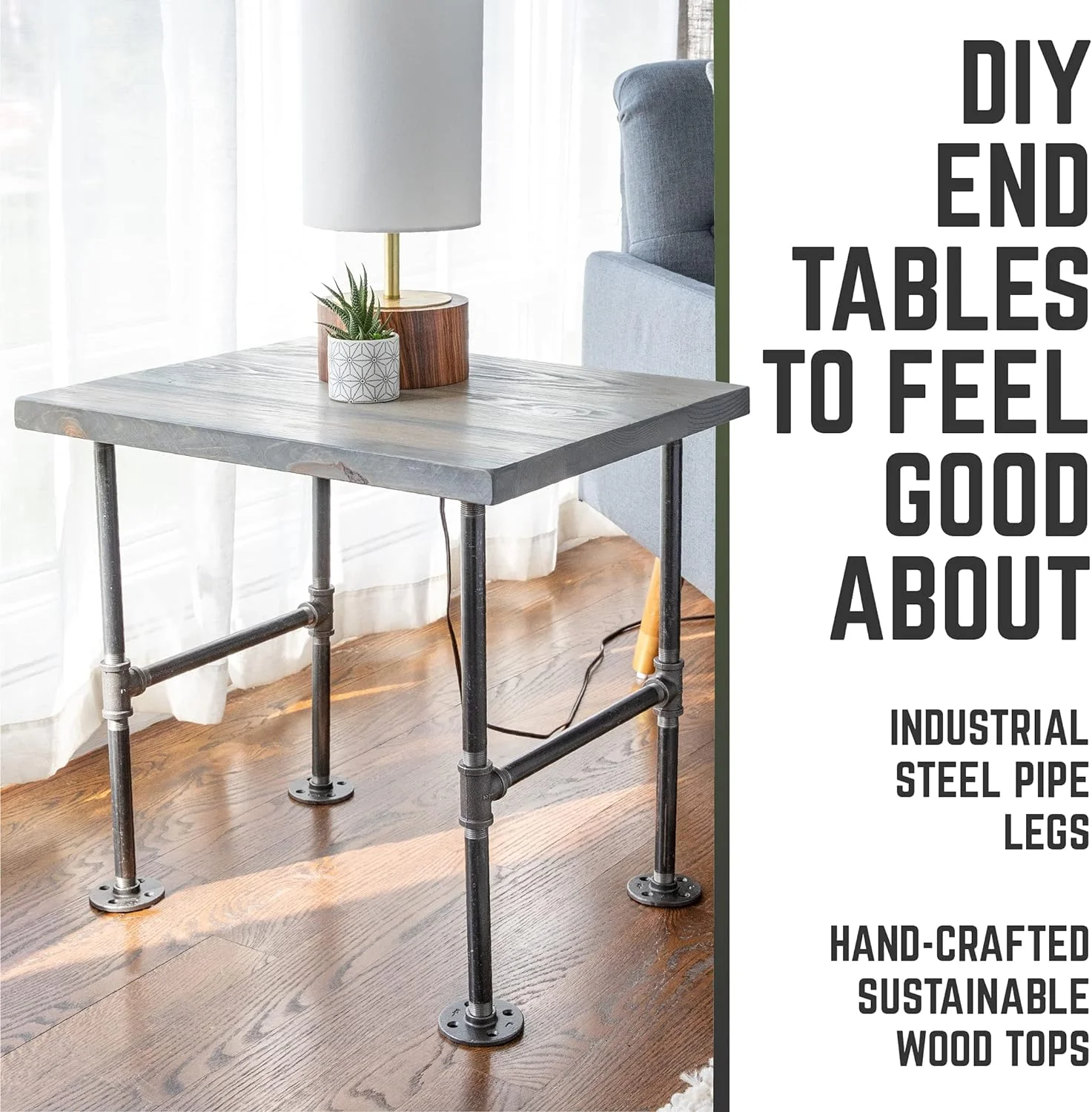 Restore By  Wood End Table By 22 In. X 18 In. X 20.88 In. Reclaimed Ponderosa Pine Wood In Riverstone Grey With Industrial Pipe Legs